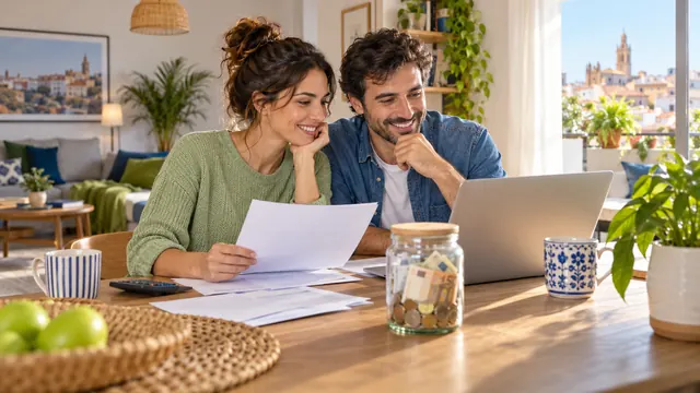 Pareja revisando las facturas de casa junto a un bote con ahorros