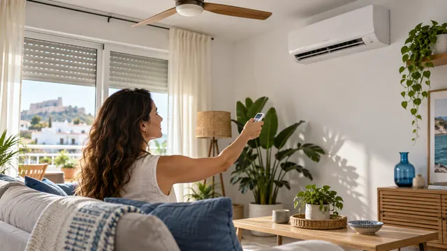 Mano ajustando con el mando la temperatura de un aire acondicionado split