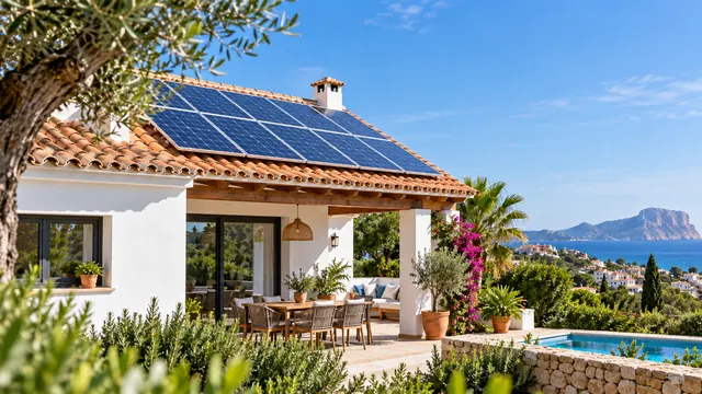 Placas solares en el tejado de una casa mediterránea