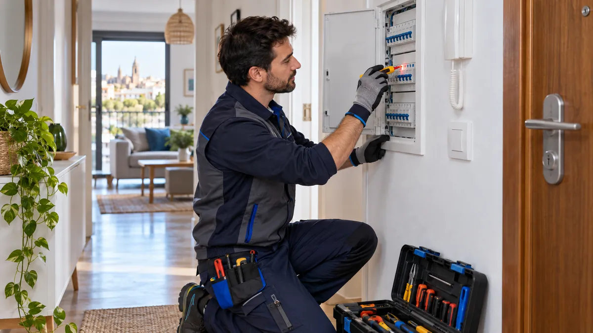 Electricista revisando el cuadro eléctrico de una vivienda con un comprobador de tensión