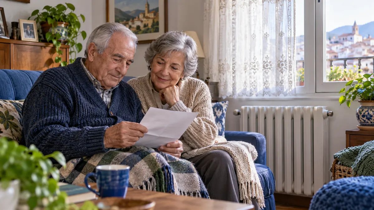 Pareja mayor abrigada junto a un radiador revisando una carta en casa