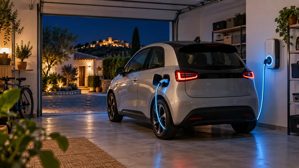Coche eléctrico cargando con un punto de recarga en el garaje de casa