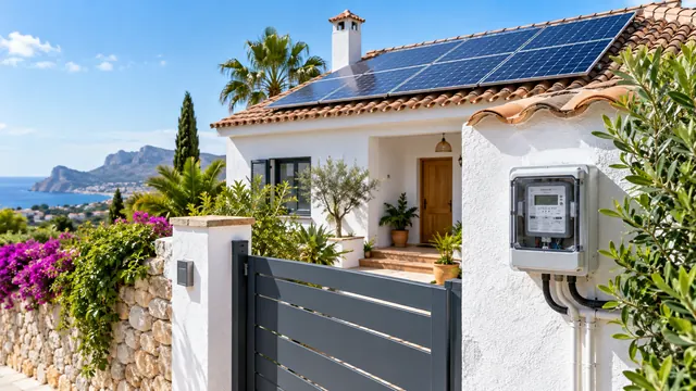 Placas solares en el tejado de un chalé con el contador bidireccional junto a la puerta