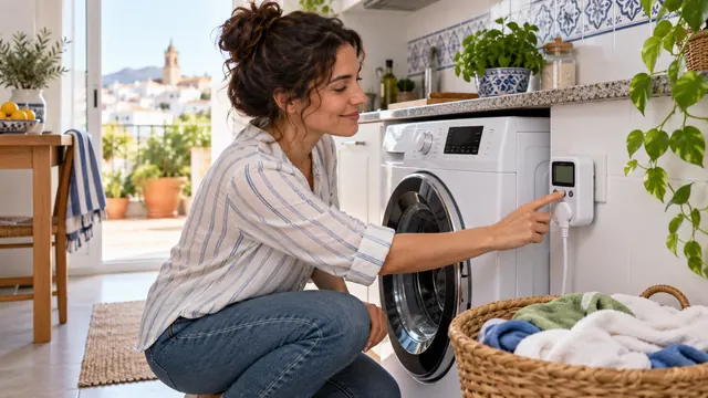 Enchufe medidor de consumo conectado a una lavadora en una cocina