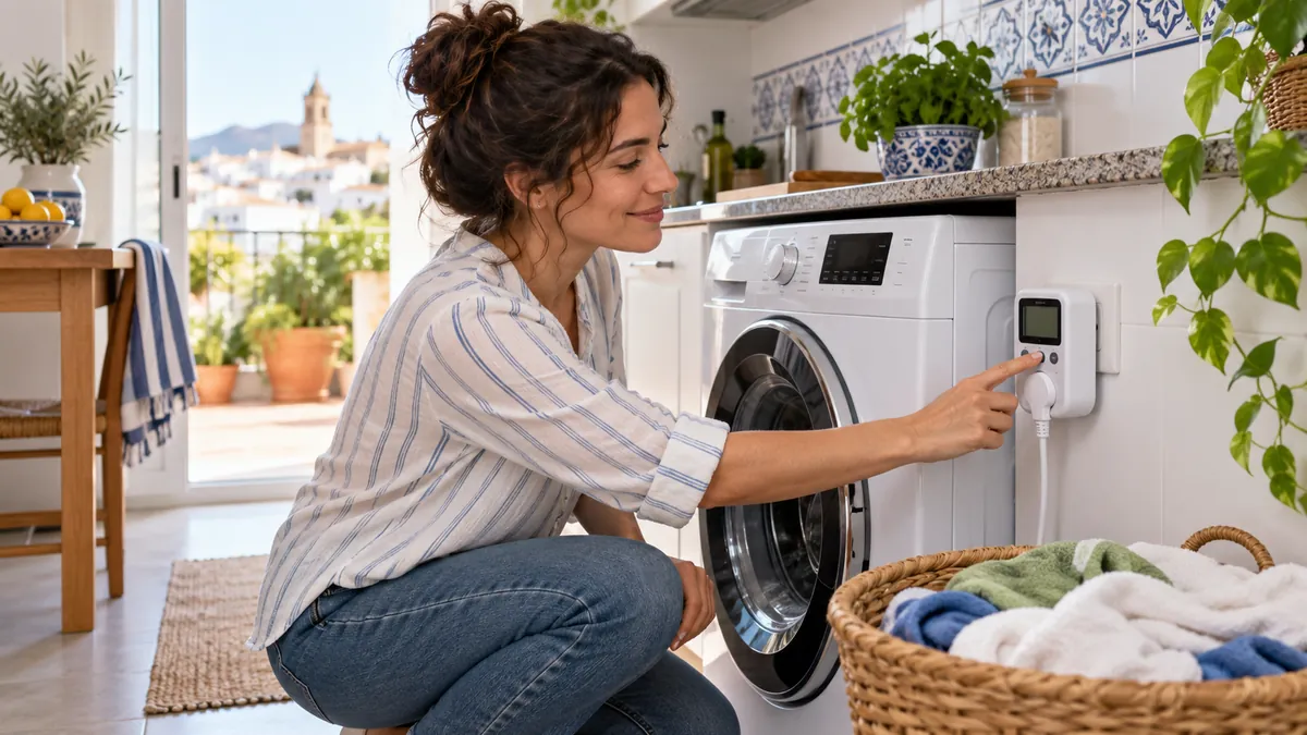 Enchufe medidor de consumo conectado a una lavadora en una cocina