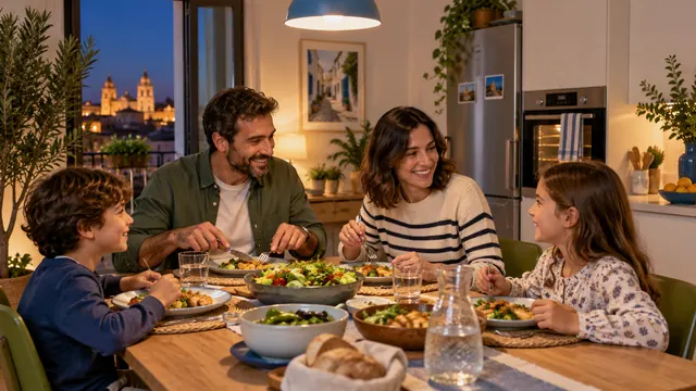 Familia de cuatro personas cenando en la cocina iluminada de un piso