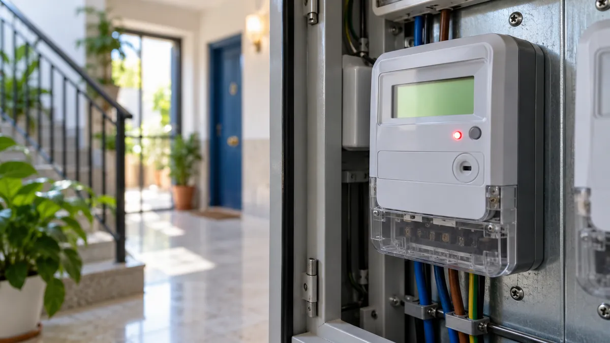 Primer plano de un contador eléctrico digital con su pantalla encendida en un cuarto de contadores