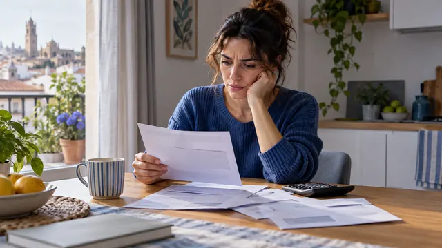 Mujer preocupada revisando una carta certificada en la mesa de la cocina junto a varias facturas