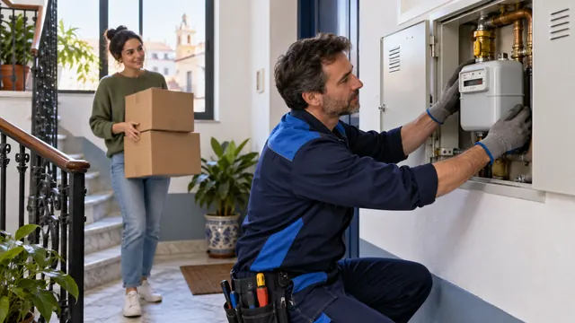 Instalador de gas colocando un contador nuevo en un piso recién alquilado