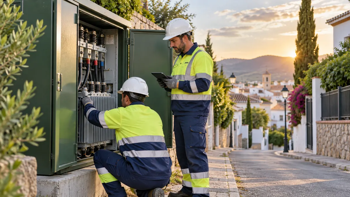 Técnicos de la red eléctrica revisando un centro de transformación en una calle residencial