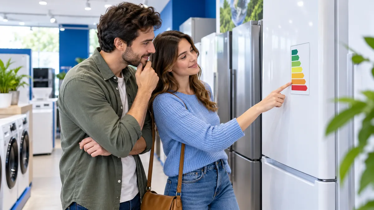 Pareja mirando la etiqueta de eficiencia de un frigorífico en una tienda