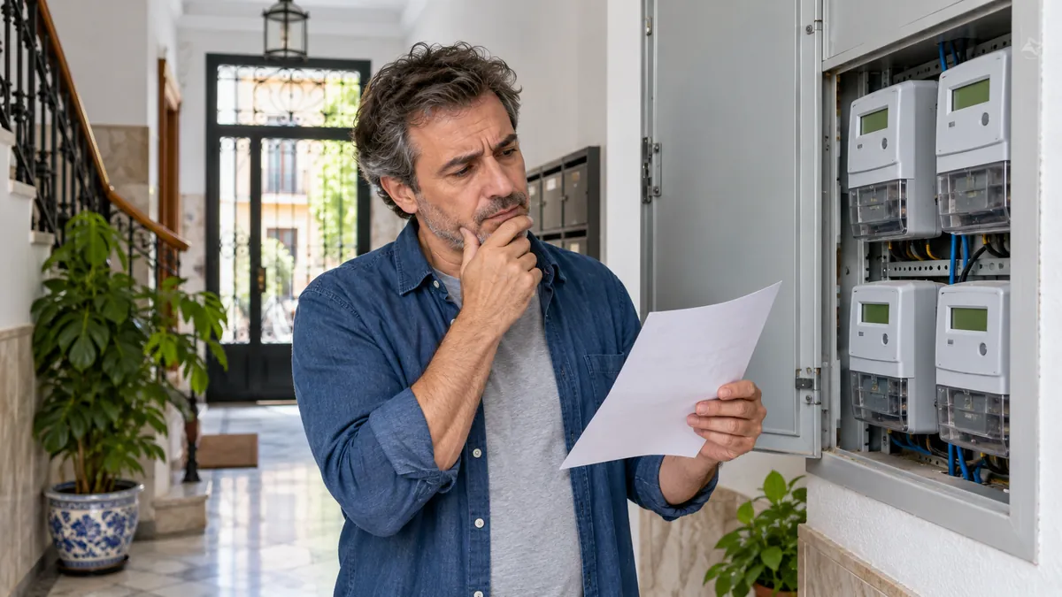 Hombre comparando la lectura de su contador de luz con la factura en papel