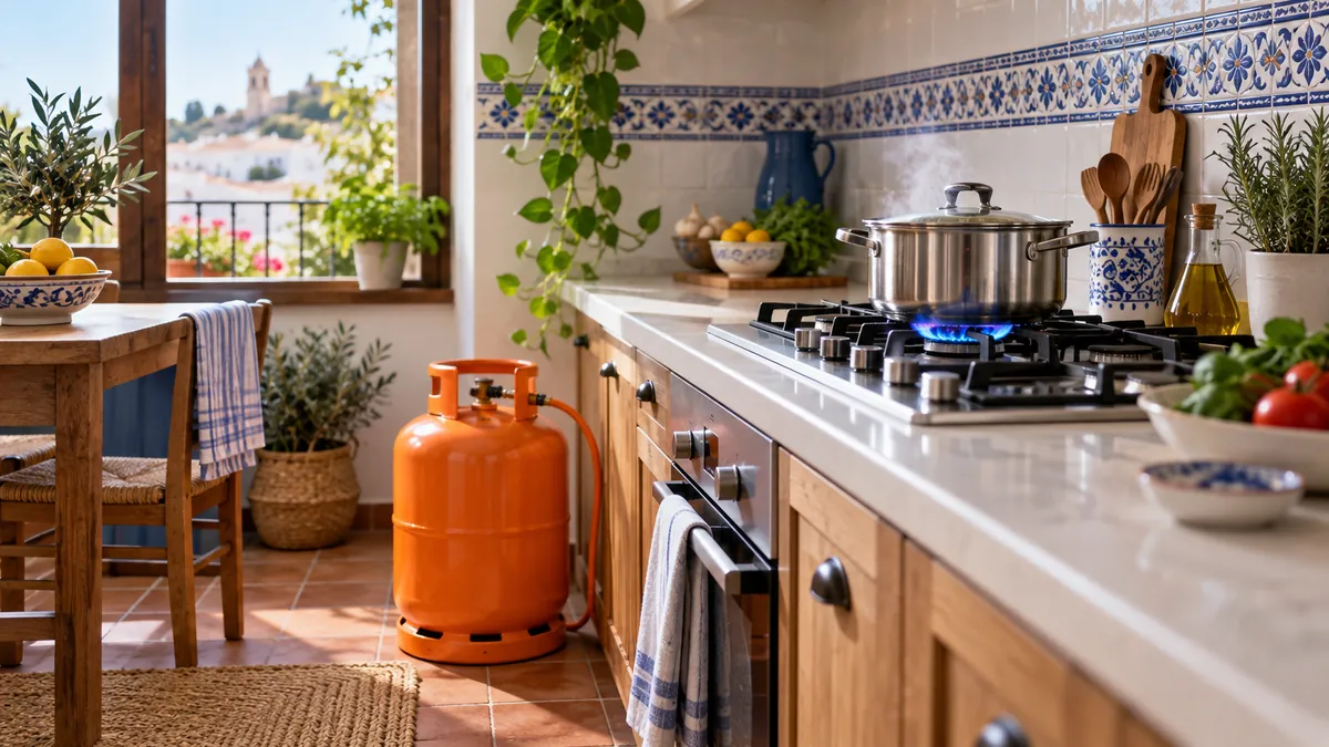 Bombona de butano naranja junto a una cocina de gas en una vivienda