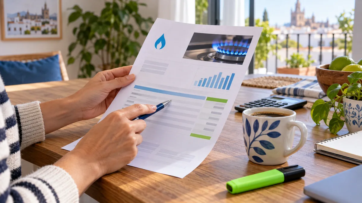 Manos señalando con un bolígrafo los conceptos de una factura de gas impresa