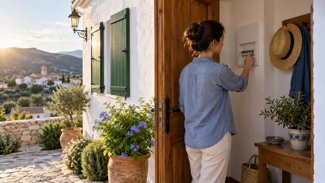 Casa de pueblo con las contraventanas cerradas y el cuadro eléctrico junto a la entrada