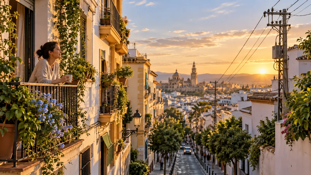 Calle de una ciudad española con tendido eléctrico al atardecer