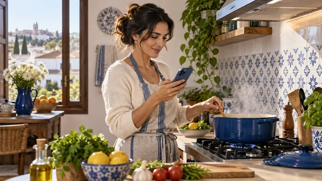 Mujer cocinando en una cocina de gas mientras revisa el móvil en una vivienda española