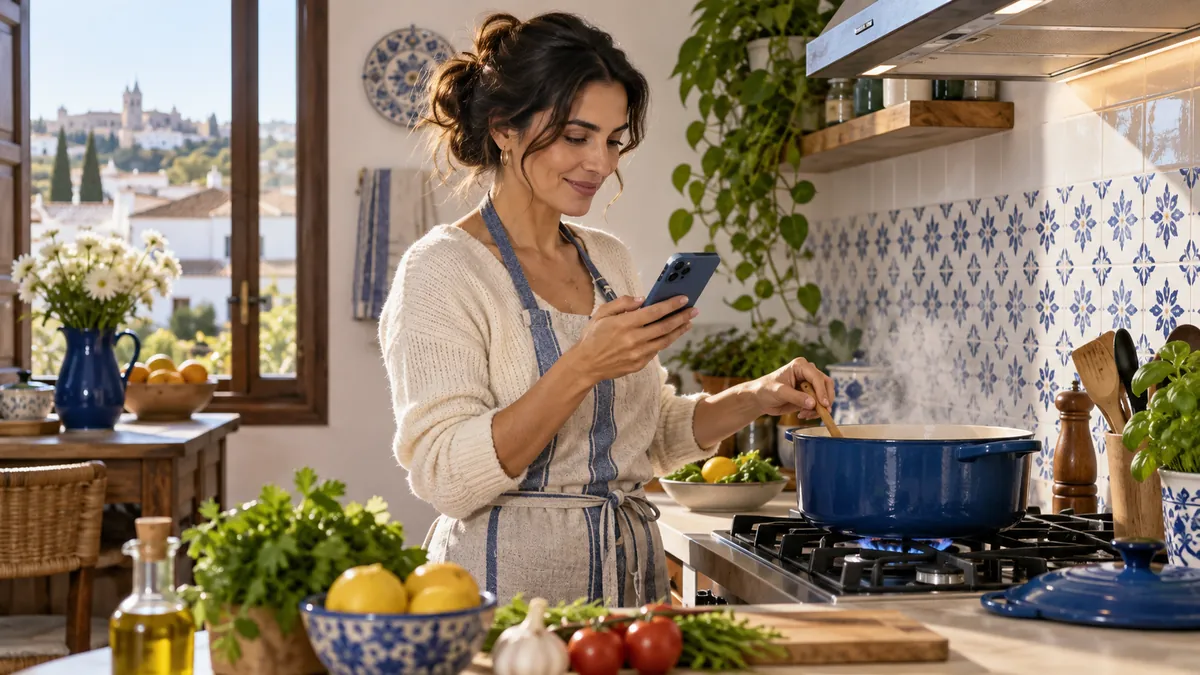 Mujer cocinando en una cocina de gas mientras revisa el móvil en una vivienda española