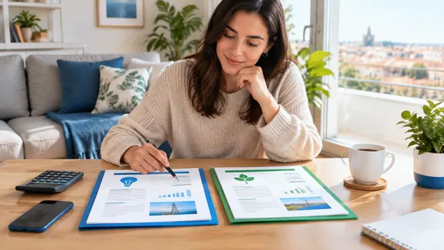 Persona comparando dos contratos de luz con calculadora y móvil