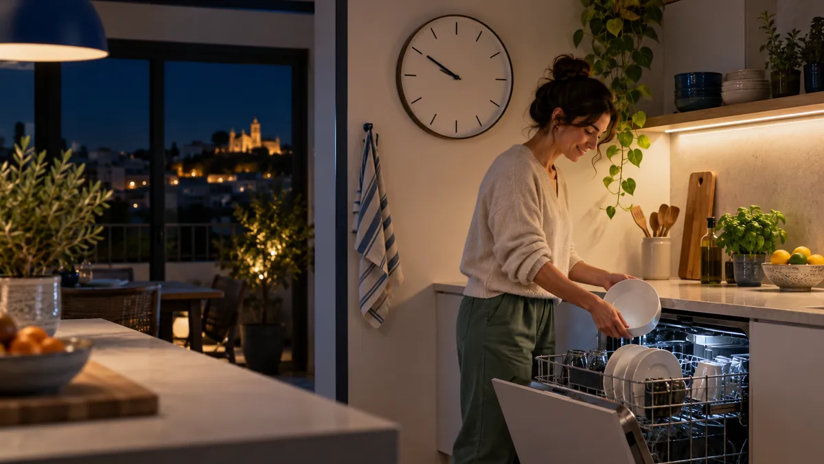 Reloj de pared en una cocina con el lavavajillas funcionando por la noche