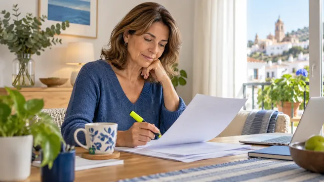 Mujer leyendo con atención las condiciones de un contrato de suministro en papel