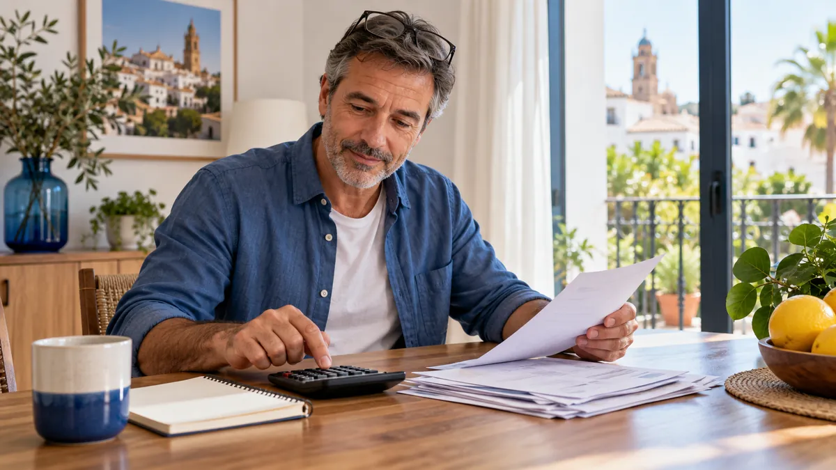 Hombre calculando con una calculadora el gasto de luz junto a varias facturas en papel