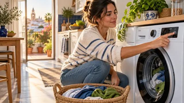Mano programando el inicio diferido de una lavadora en una cocina doméstica