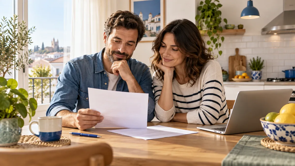 Pareja revisando juntos la factura de la luz en la mesa de la cocina