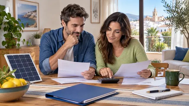 Pareja revisando en la mesa el presupuesto de su instalación de placas solares