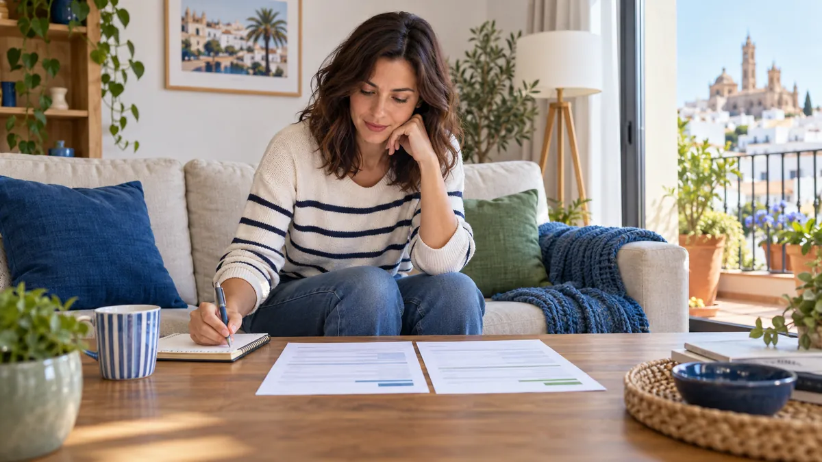 Mujer comparando en una libreta dos opciones de contrato de luz sentada en el salón