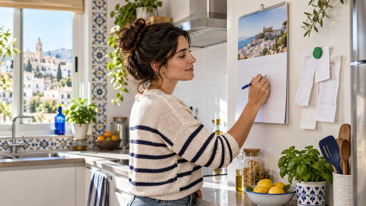 Persona anotando en un calendario de papel la cuota mensual de los recibos del hogar