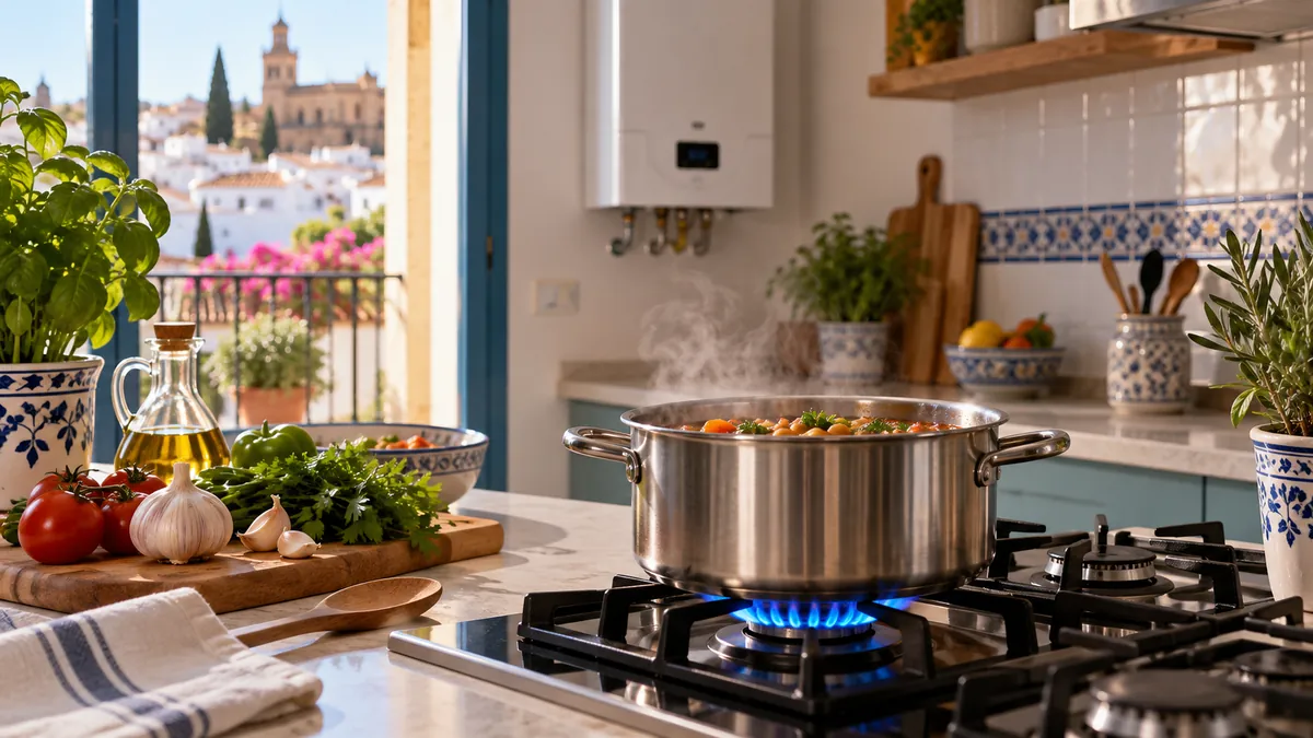 Llama azul de gas natural en la cocina con una olla al fuego