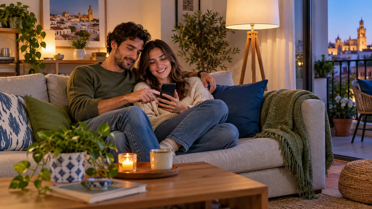 Pareja joven consultando en el sofá el consumo eléctrico de su casa en el móvil