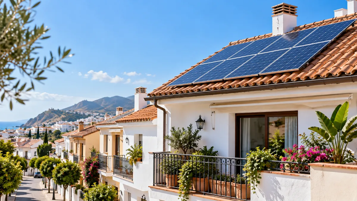 Tejado de una casa adosada con placas solares bajo un cielo despejado