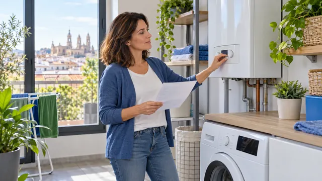 Mujer comprobando la caldera de gas y la factura de luz en el lavadero de su casa