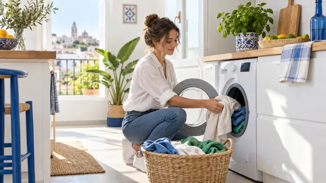Mujer joven poniendo la lavadora a mediodía en una cocina luminosa