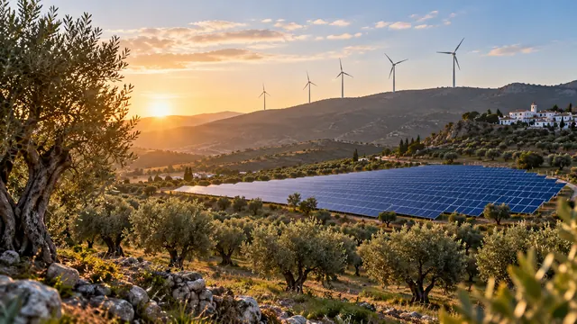 Aerogeneradores y paneles solares en un paisaje rural español al amanecer