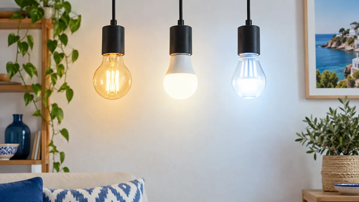 Tres bombillas encendidas con luz cálida, neutra y fría