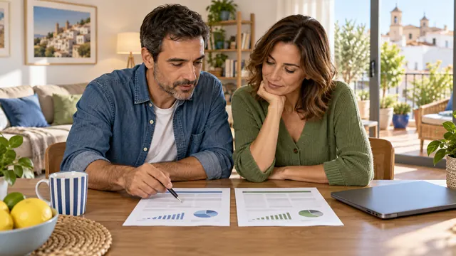 Pareja comparando dos contratos de gas en la mesa del salón